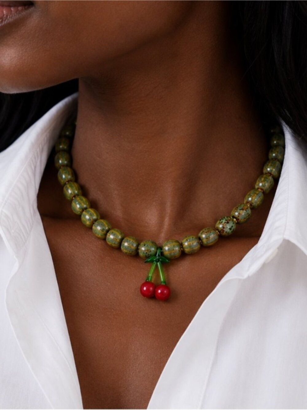 New! Colorful Green Cherry Glass Beaded Dopamine Necklace NWOT (4023)